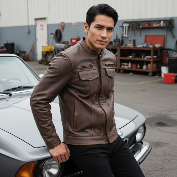 Copper Distressed Brown Leather Biker Jacket 2