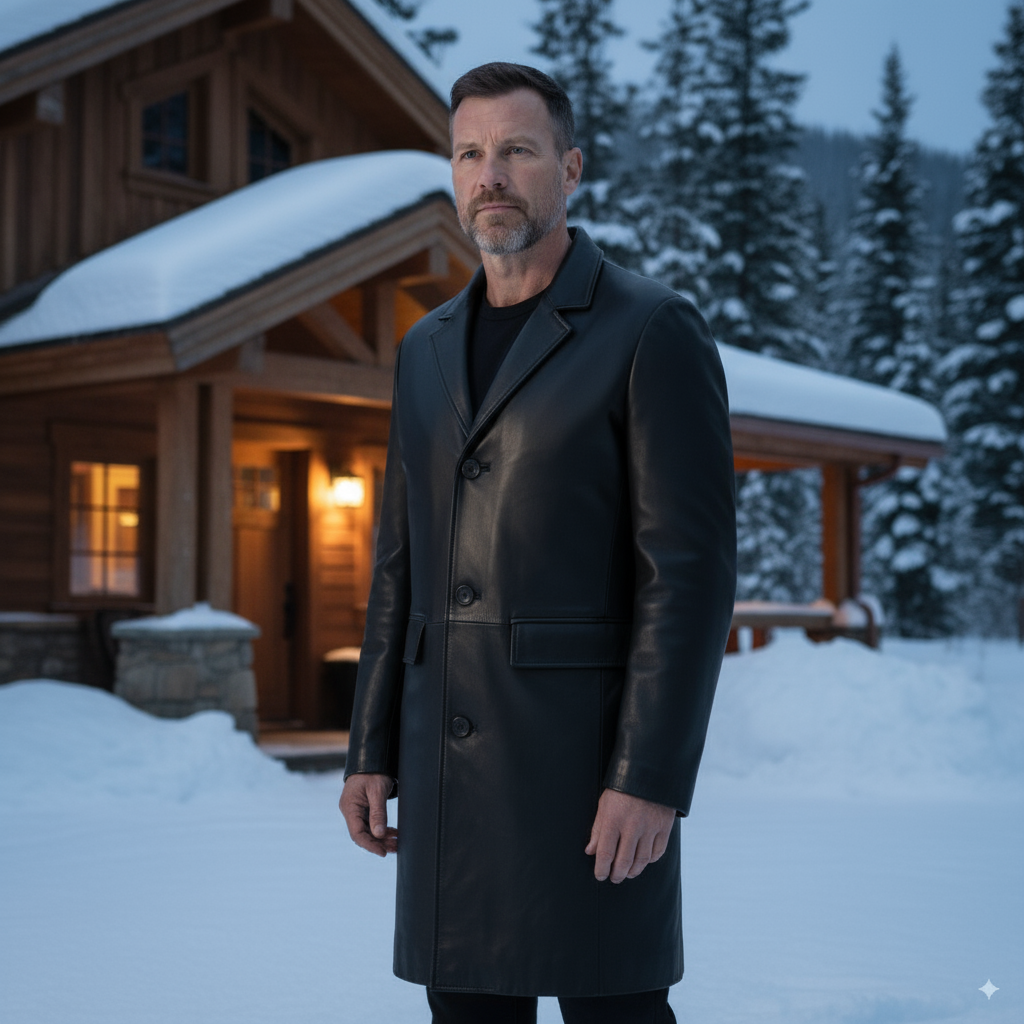 Aether Black Leather Overcoat